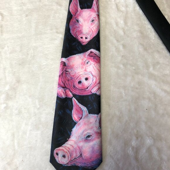 Ralph Marlin Blaine Heilman Vintage 1989 Black & Pink Pig Tie - Picture 3 of 6